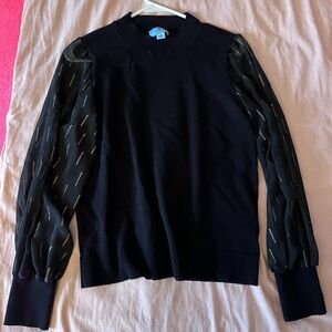 Black Sweater Blouse with Sheer Gold-Detailed Sleeves